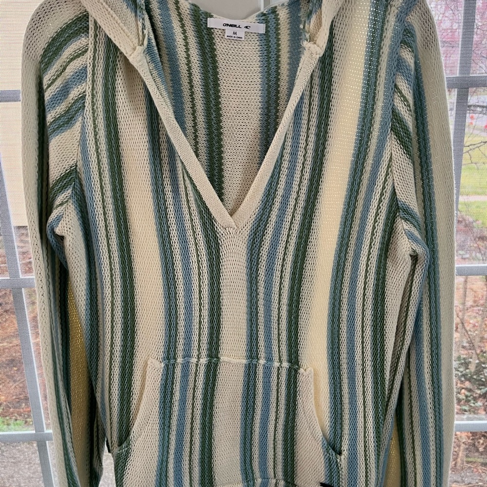 Green and Cream V-Neck Striped Sweater